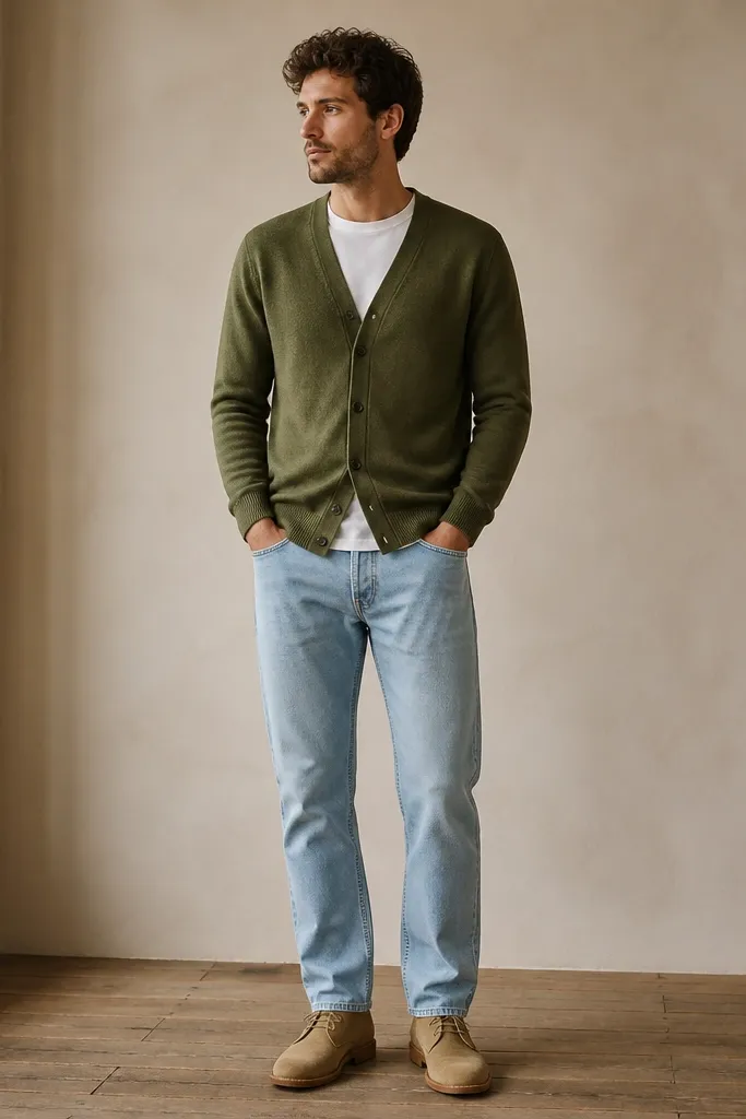 Olive green V-neck cardigan over a plain white crew tee. Light wash straight jeans and tan suede desert boots. The cardigan hem hits mid-hip.