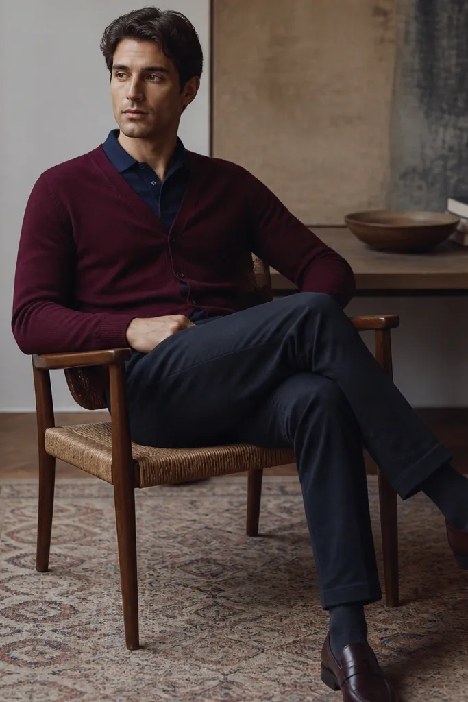 Burgundy V-neck cardigan over a navy knit polo shirt. The polo collar sits clean under the cardigan V. Dark chinos and oxblood leather loafers.