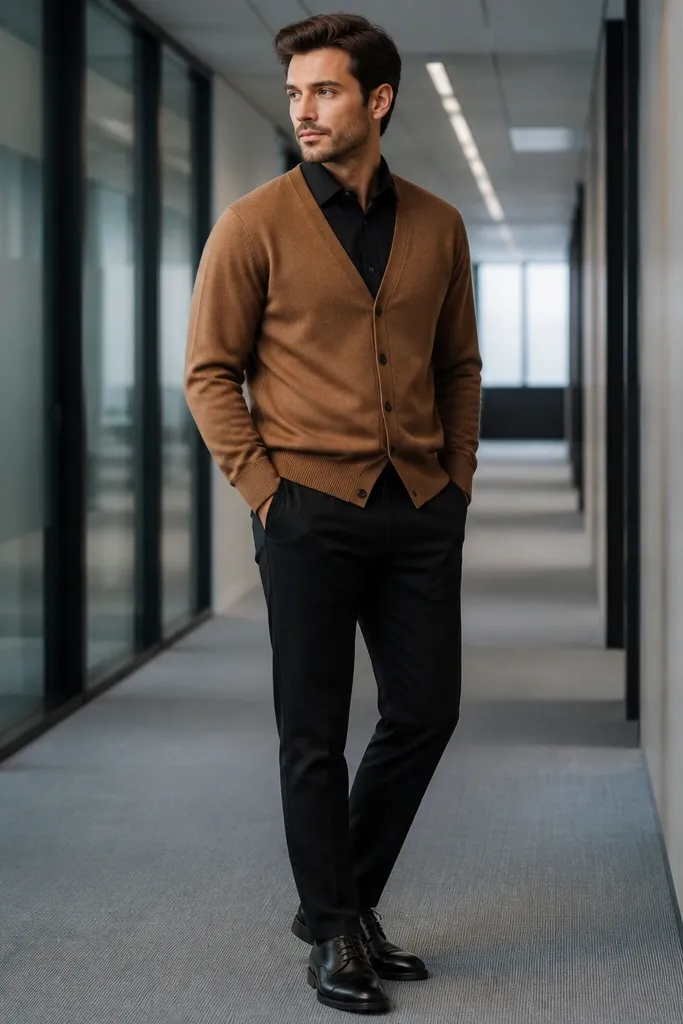 Camel-brown V-neck cardigan over a black Oxford button-down with the collar crisp. Black trousers and polished black leather lace-up shoes. Background shows an office hallway with cool lighting.