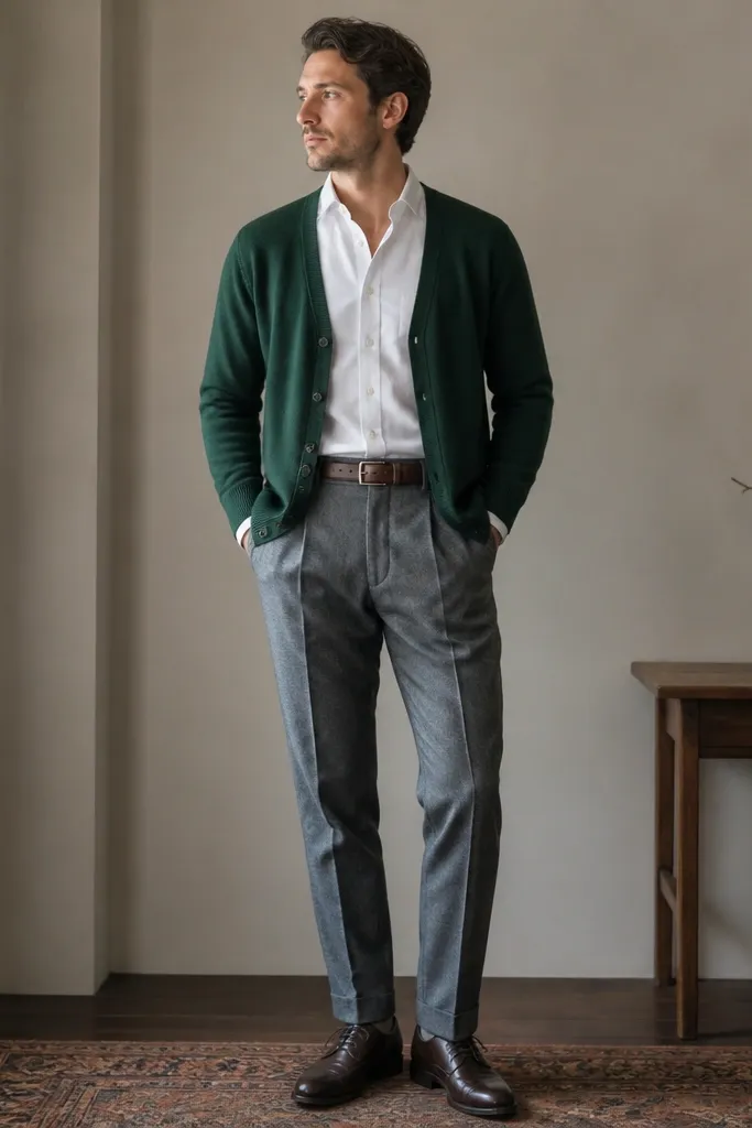 Forest green cardigan over a white dress shirt. Grey flannel trousers with a slight texture. Brown leather belt and dark brown leather lace-ups.