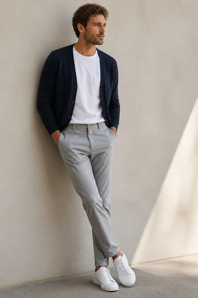 Navy V-neck cardigan over a white pocket tee. The tee is tucked slightly at the front. Light grey chinos and clean white leather sneakers.
