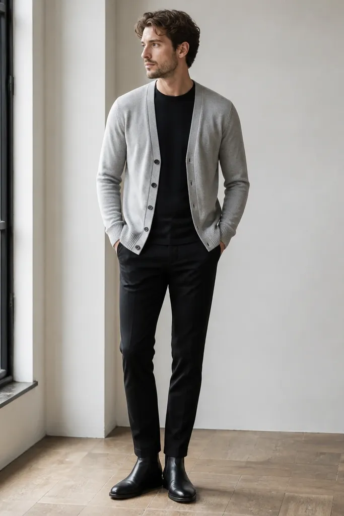 Light grey cardigan over a black crewneck shirt, simple and fitted. Black Chelsea boots and slim black trousers. The cardigan hem sits around mid-hip.