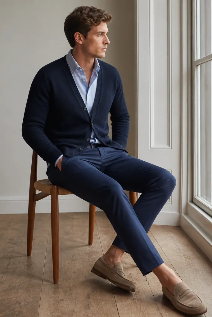 Navy cardigan over a light blue and white striped Oxford shirt. Tan suede loafers and navy chinos. The stripes are small, not wide.