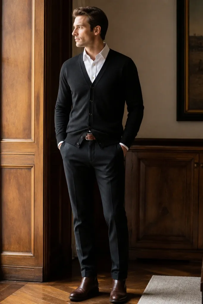 Black V-neck cardigan over a white button-down with collar points visible. Brown belt and brown leather boots. Dark trousers with a neat break.