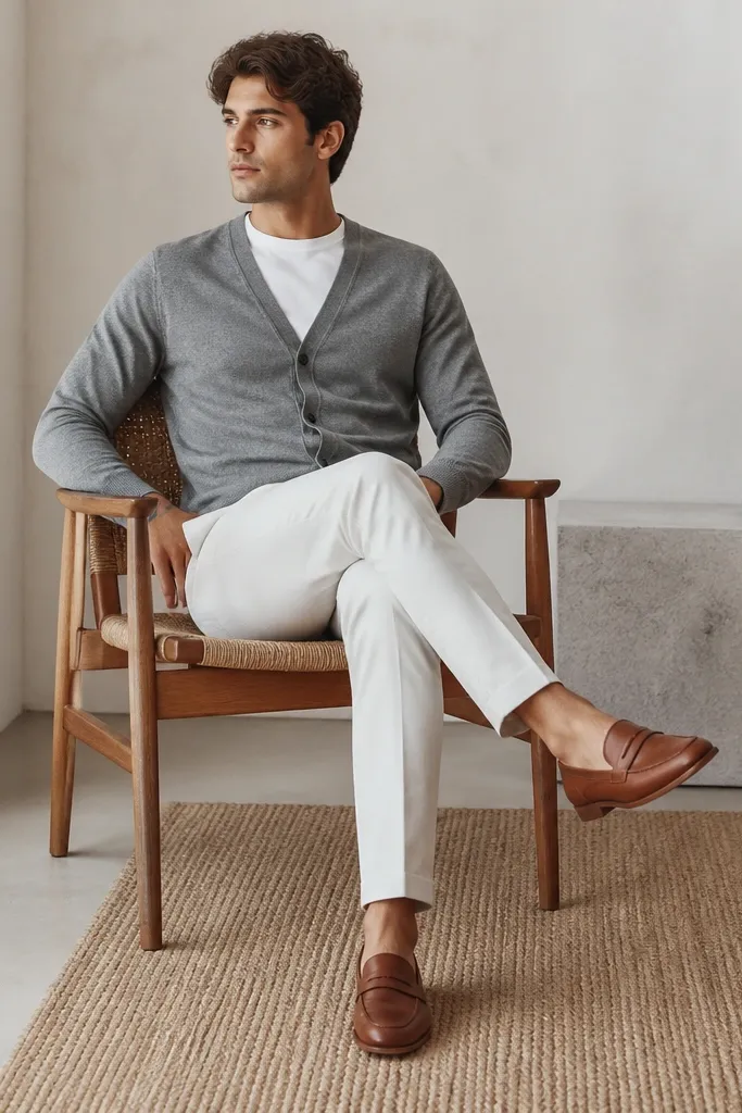 Medium grey V-neck cardigan over a white crewneck shirt. White tapered chinos and cognac leather loafers. Clean, minimal styling.