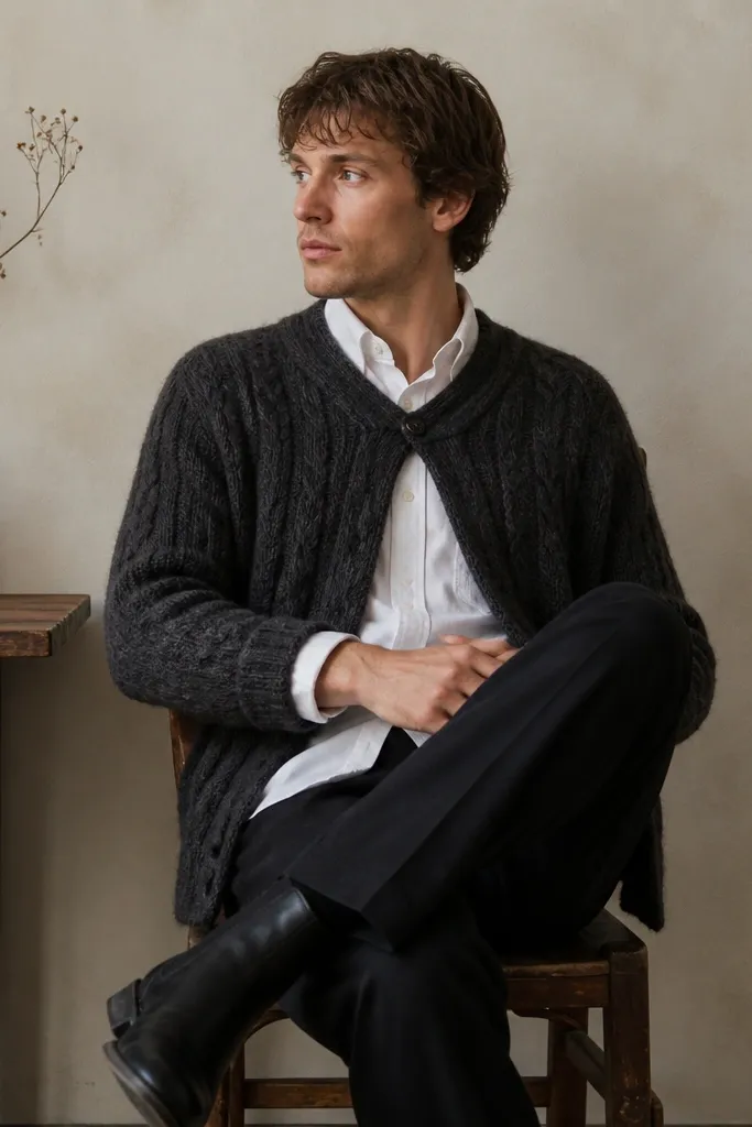 A charcoal chunky cable cardigan worn over a crisp white oxford shirt. The cardigan is buttoned at the top only, sleeves cuffed slightly at the wrist. Dark trousers and black leather boots complete the outfit.