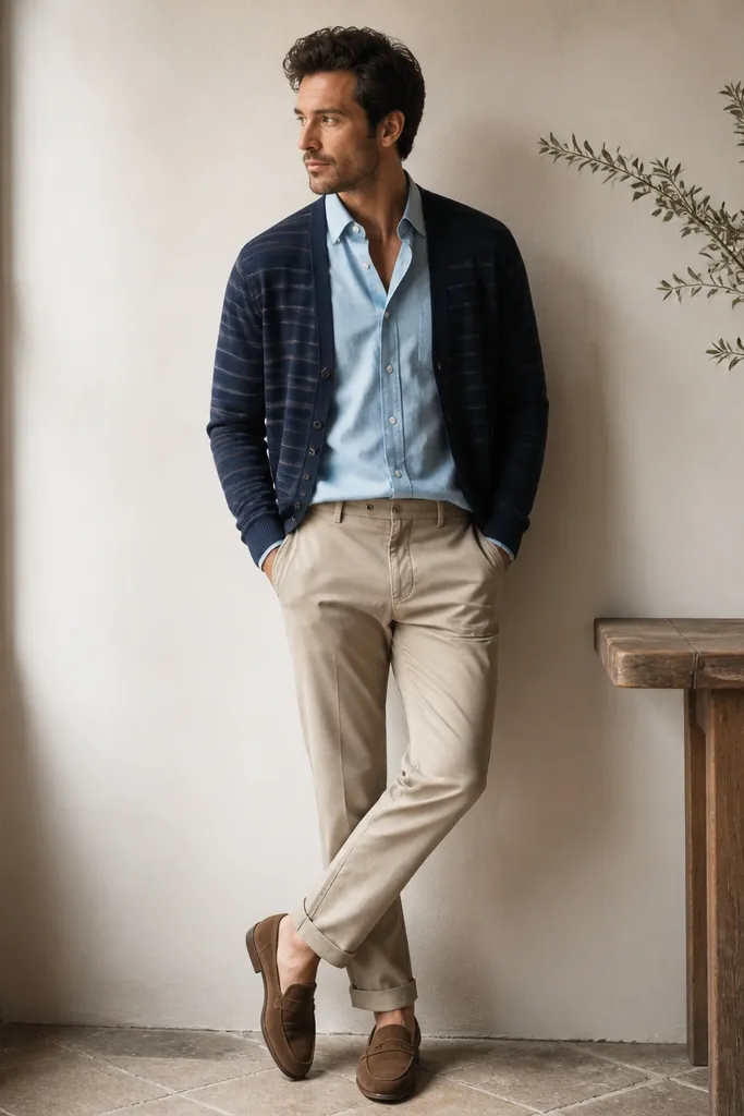 A navy cardigan with subtle horizontal stripes sits open over a light blue chambray shirt. The shirt is unbuttoned at the top and tucked loosely at the front. Beige chinos and brown suede loafers are visible.