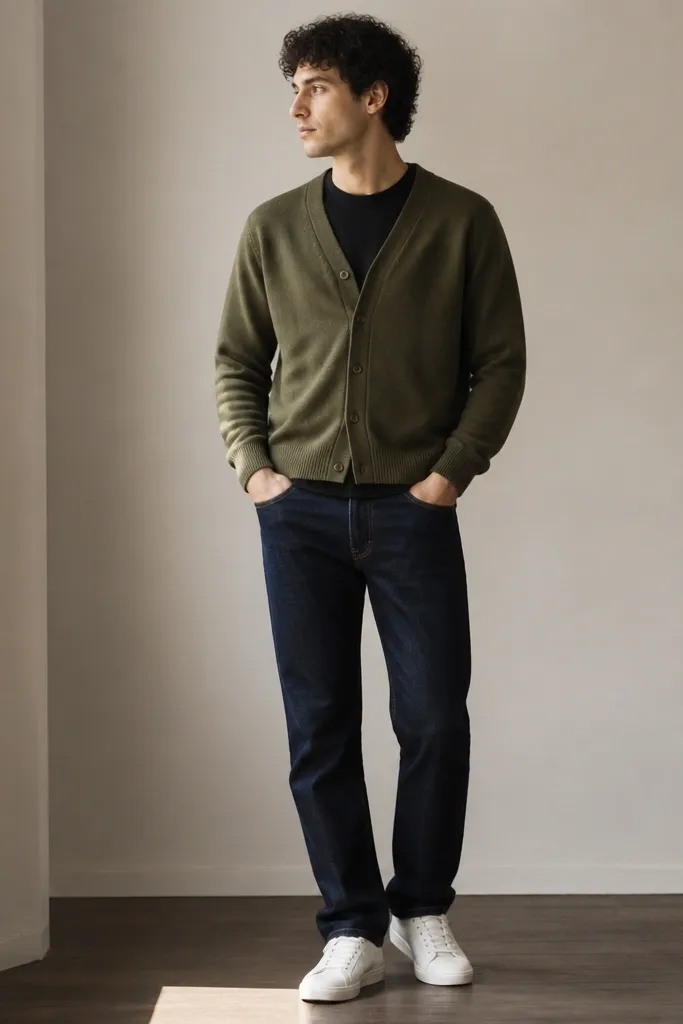 An olive green cardigan worn over a plain black crew-neck tee. The cardigan hem is slightly above the belt line. The wearer has straight dark-wash jeans and white low-top sneakers.