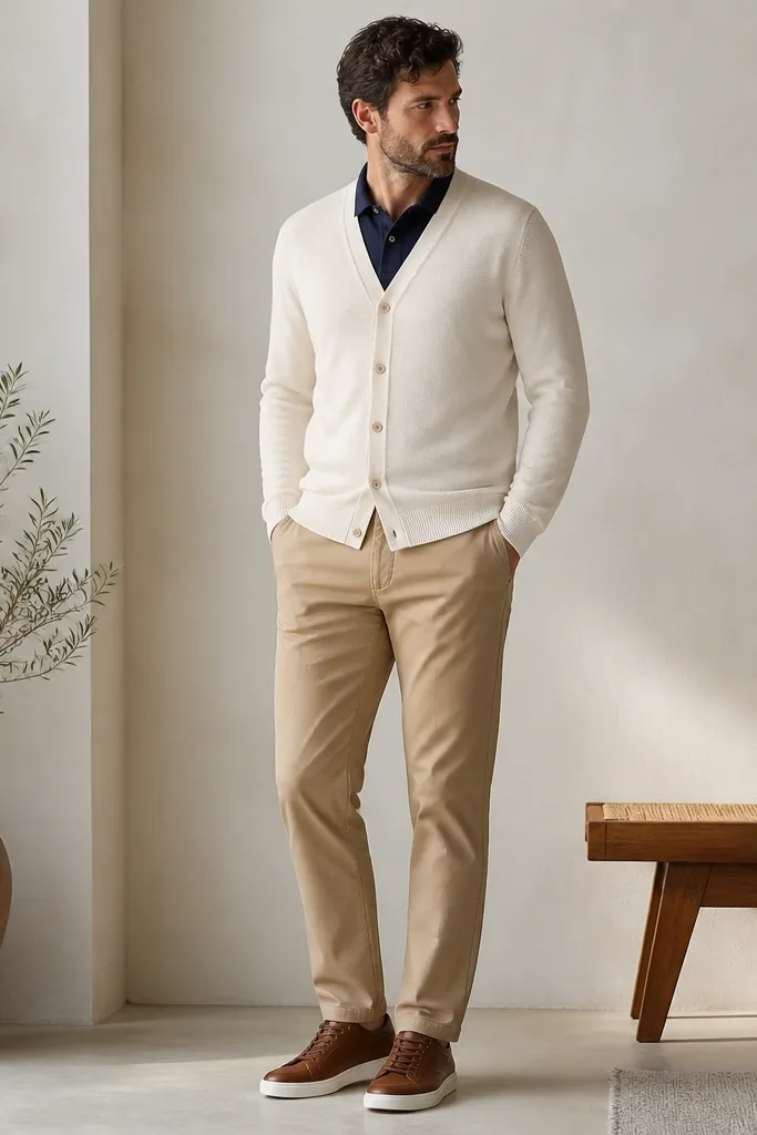 A cream cardigan, lightly textured, worn over a navy polo shirt. The cardigan is fully buttoned with the polo collar visible. Tan chinos and brown leather sneakers complete the look.