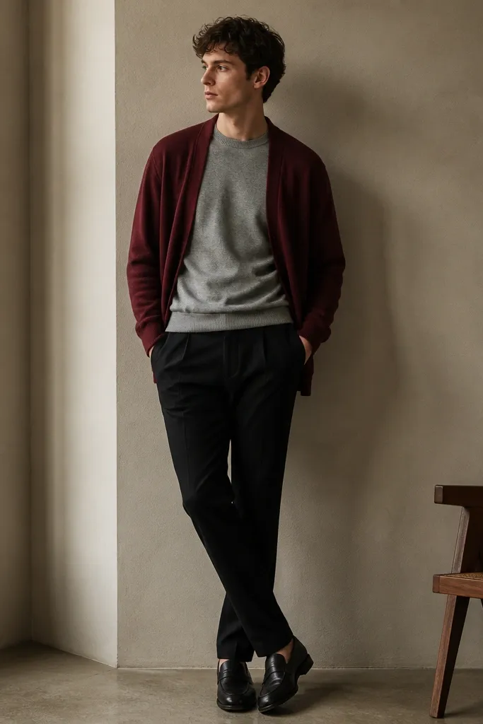 A burgundy cardigan worn open over a heather grey crewneck sweater. The burgundy knit drapes loosely at the waist. Black tailored trousers and dark loafers are shown.
