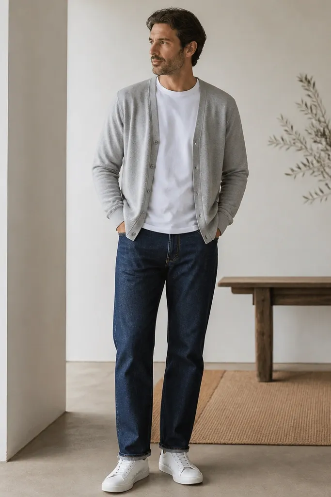 A light grey cardigan worn open over a white crew-neck tee. The outfit pairs with blue selvedge denim jeans that show a subtle raw hem. White sneakers with a low profile finish the look.