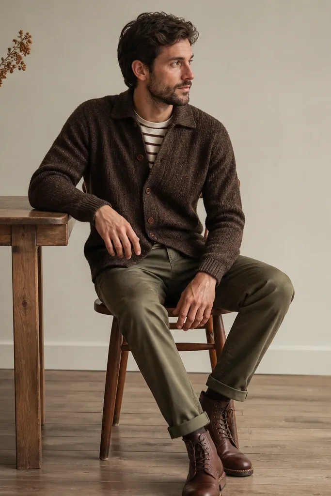 A brown cardigan with a tweed-like texture worn over a cream-and-brown striped tee. The cardigan is buttoned and the collar sits neatly. Olive chinos and brown leather boots are visible.