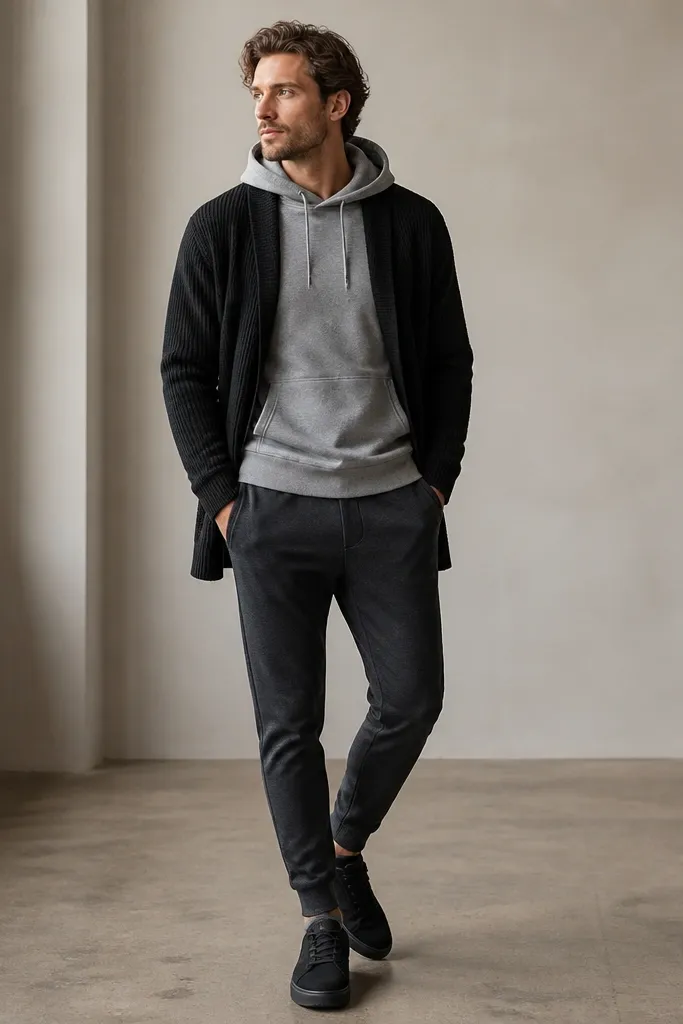 A black cardigan worn open over a grey hoodie. The hoodie pocket peeks out slightly. Tapered joggers in charcoal and black sneakers are shown.