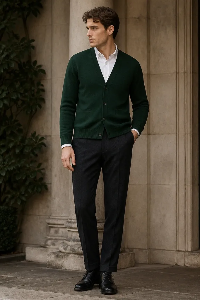 A forest green cardigan worn over a white dress shirt. The cardigan is buttoned and the shirt sleeves show at the cuffs. Dark charcoal trousers and black leather derbies complete the outfit.