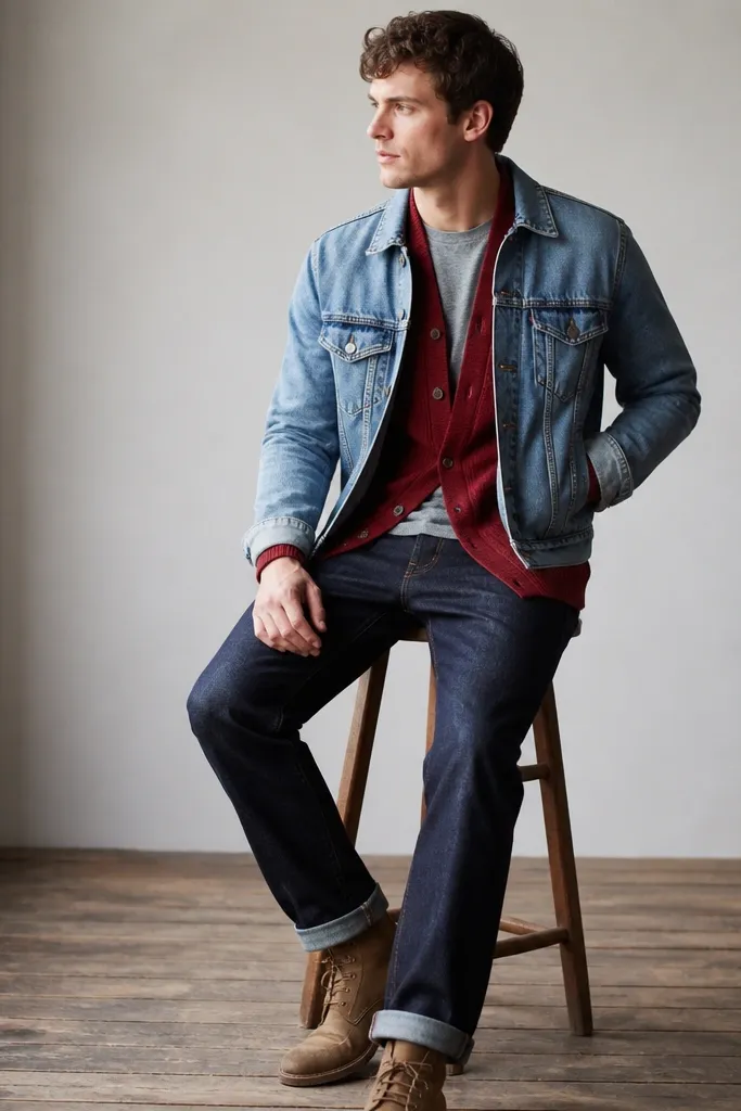A red cardigan worn under a light blue denim jacket. The cardigan hem shows at the bottom of the jacket. A grey t-shirt sits underneath. The outfit pairs with dark jeans and tan boots.