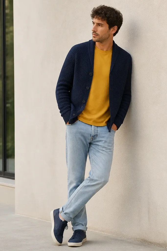 A navy cardigan worn open over a mustard yellow t-shirt. The outfit includes navy sneakers and light-wash jeans. The cardigan buttons are visible but left open at the bottom.