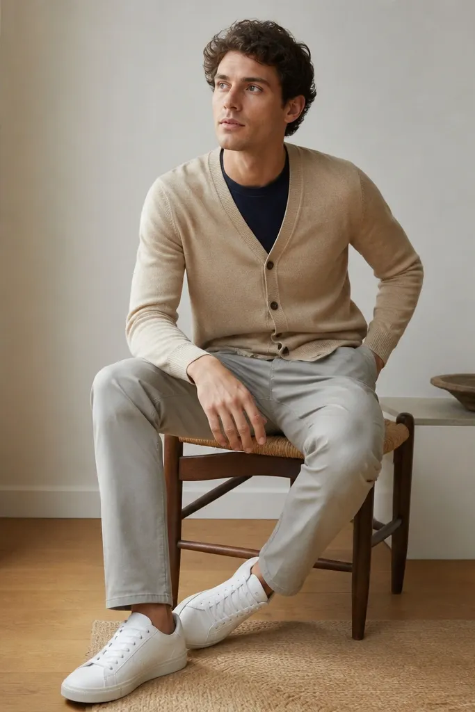 A sand-beige cardigan worn over a navy crewneck. The cardigan is buttoned and the crewneck collar shows. Light grey chinos and white sneakers are visible.