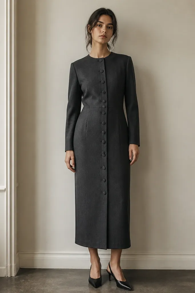 A charcoal vintage column dress with a clean front button placket and long sleeves, shown from the front. The fabric looks dense and smooth, and the hem hits mid-calf.