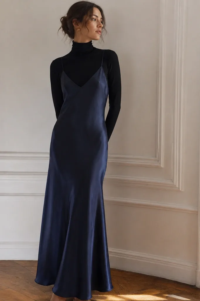 A navy vintage slip dress with thin straps and a soft sheen, displayed with a black turtleneck underneath. The dress falls to the ankle and looks fluid in the light.