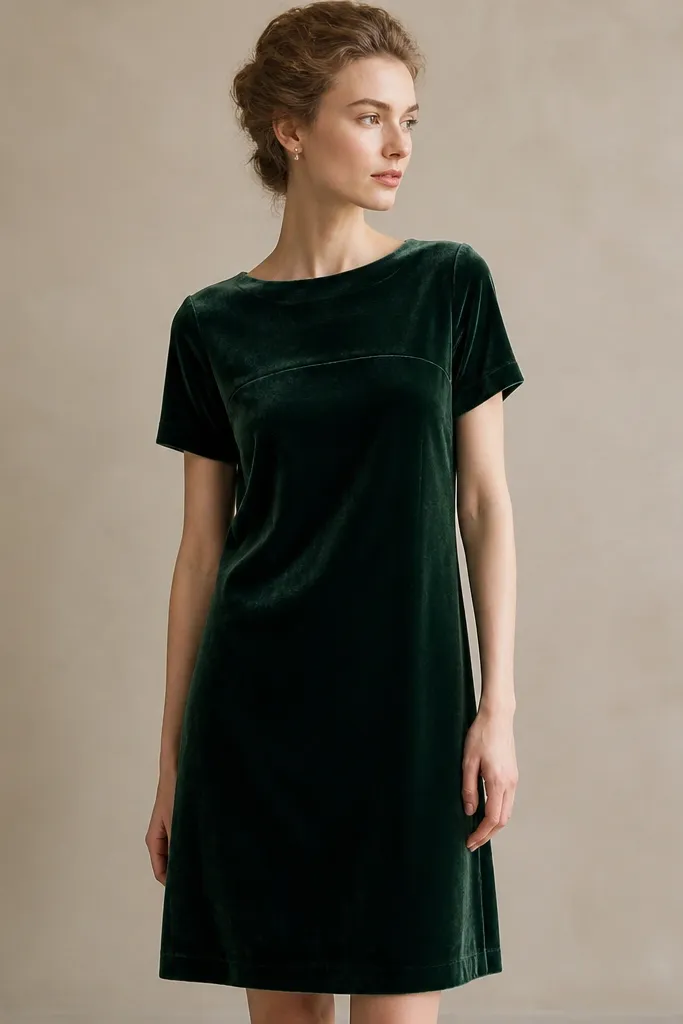 A forest green velvet vintage shift dress with short sleeves, photographed against a neutral background. The velvet pile looks dense and changes tone slightly with angle.