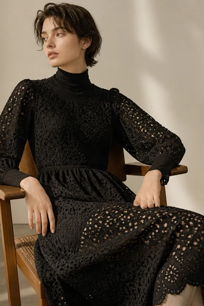 A black vintage eyelet lace dress with a high neckline and long sleeves, shown laid over a black mock neck top. The lace pattern is clearly visible and airy.