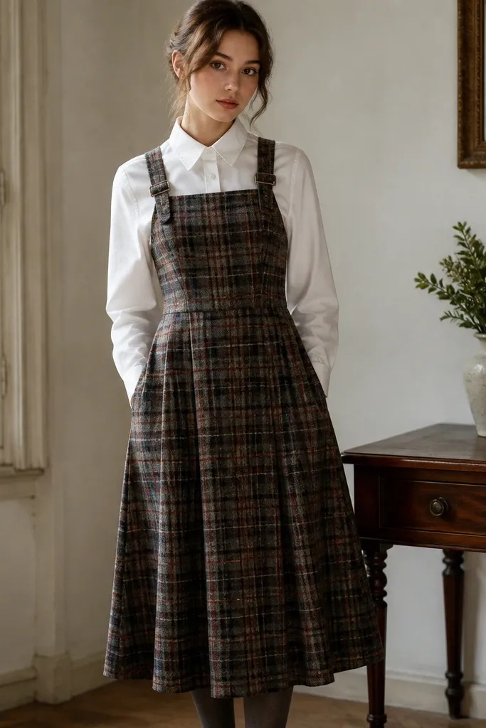 A vintage plaid wool jumper dress with adjustable straps and a fitted bodice, shown over a crisp white button-down shirt. The plaid is muted and the hem hits mid-calf.