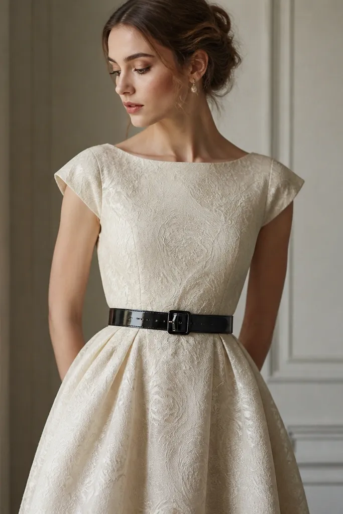 A cream vintage brocade dress with subtle raised pattern and a structured waist. A black patent leather belt is cinched tightly at the waist in the photo.
