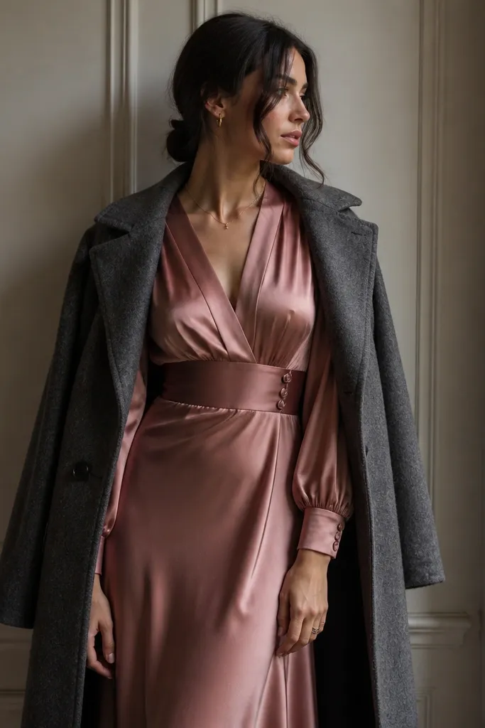 A dusty rose satin vintage dress with a V neckline and long sleeves, photographed with a gray wool overcoat draped open. The satin catches light in a soft way.