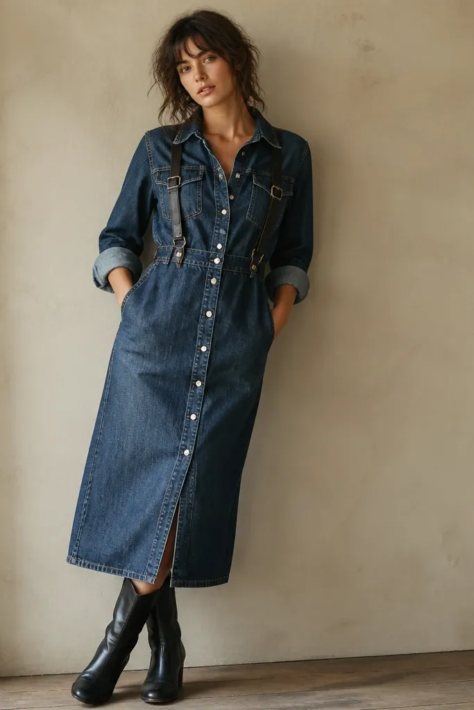 A vintage indigo denim dress with a button front and mid-calf length, styled with black leather suspenders. The denim has visible fading and a matte finish.