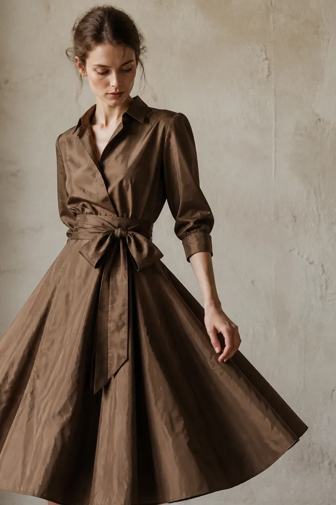A tobacco brown vintage taffeta dress with a defined tie waist, photographed with the skirt lightly flaring. The fabric looks crisp with a subtle rustle.