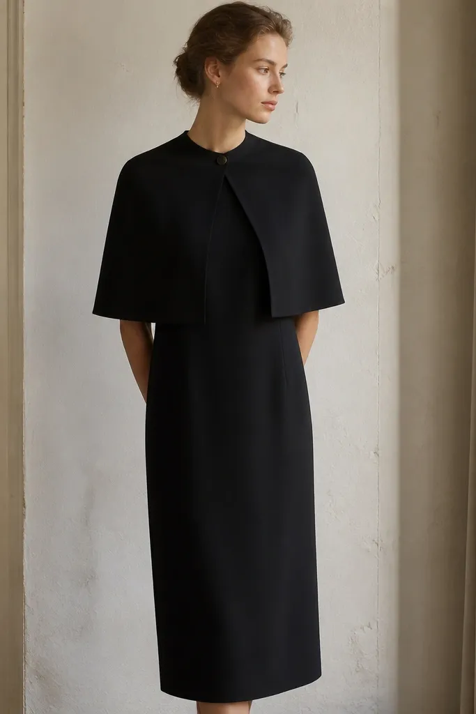 A black vintage crepe midi dress with a cape-like collar that fastens with one button at the neck. The fabric looks smooth and matte, with a straight fall down the body.