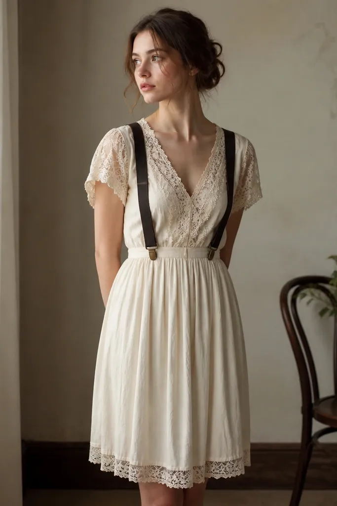 An ivory vintage dress with lace trim along the neckline and sleeves, styled with dark suspenders across the torso. The hem is knee length.