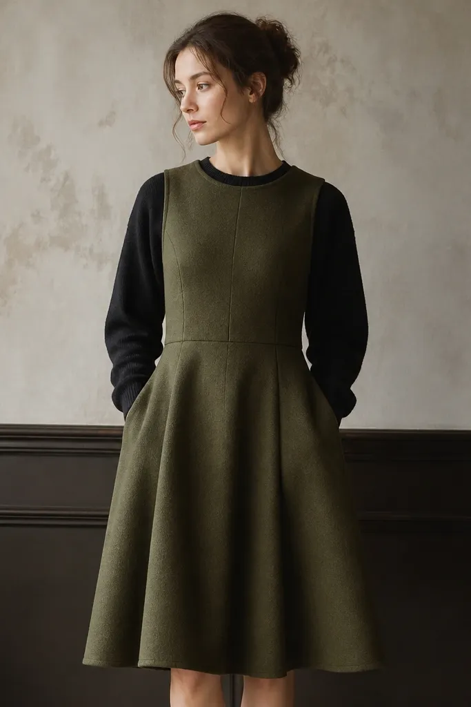 A vintage olive wool A-line dress with a slight flare from the waist, photographed over a dark crew-neck sweater. The fabric looks thick and structured.