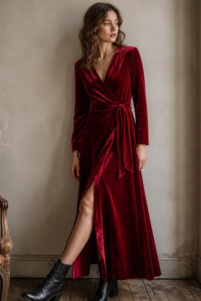 A vintage red velvet wrap dress with long sleeves and a tie belt, styled with black lace-up boots. The velvet pile shows a deep color shift.