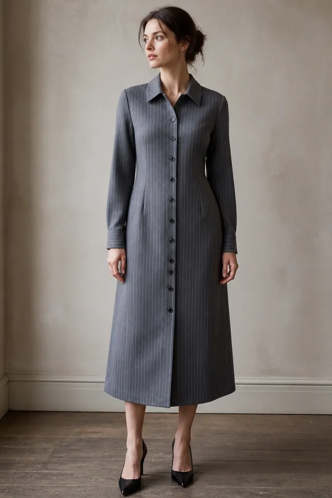 A vintage gray pinstripe dress with shirt collar and long sleeves, photographed with the dress buttoned down and no belt. The pinstripes are fine and straight.