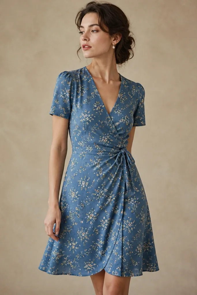 A vintage blue wrap dress with a small floral print, tied at the waist with a matching fabric belt. The background is neutral and the hem is knee length.