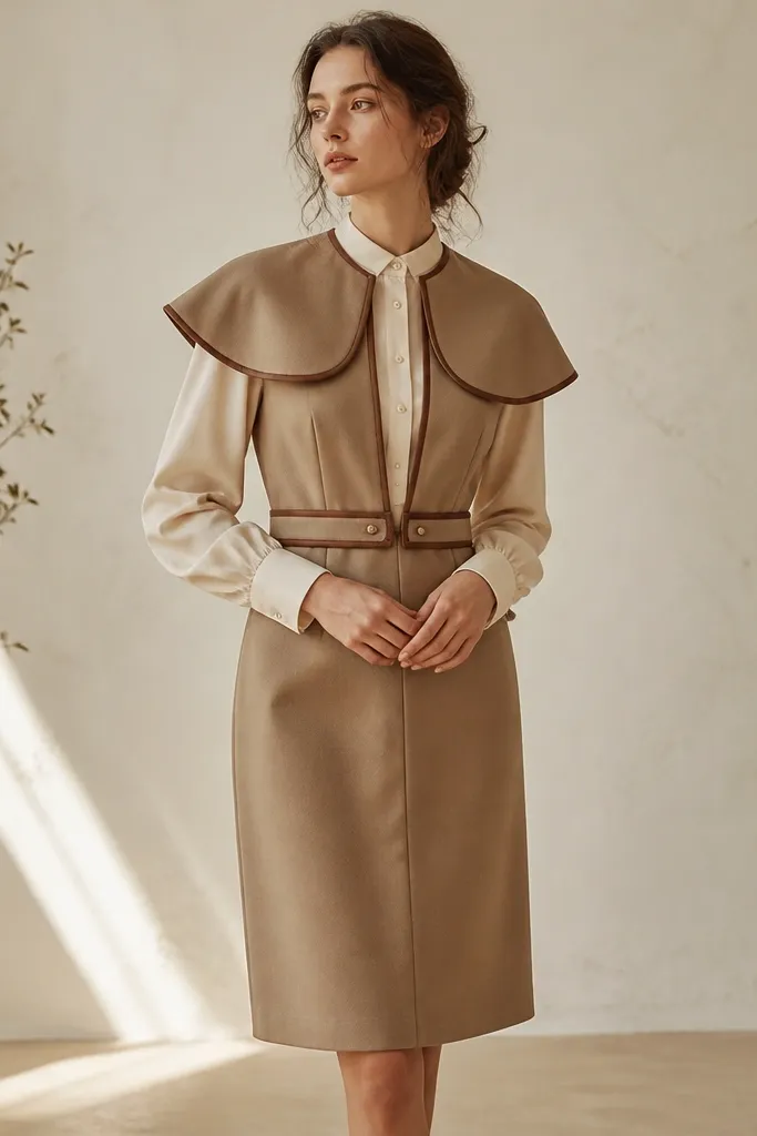 A vintage tan dress with a capelet-like shoulder panel and leather trim edges, layered over a cream button-up shirt. The dress has a structured shoulder line and a knee hem.