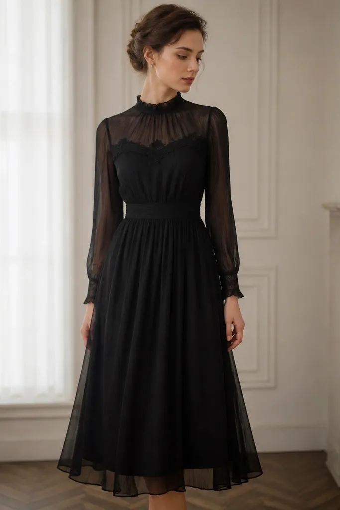 A black vintage dress with a sheer overlay layer over a darker lining, photographed on a model with minimal jewelry. The overlay has long sleeves and a higher neckline.