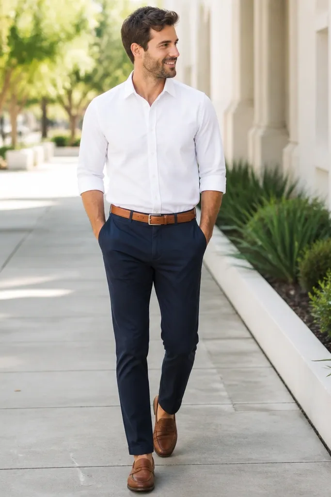 Man wearing a crisp white long-sleeve button-down tucked into navy chinos; tan leather belt; brown leather loafers; sleeves neatly rolled to mid-forearm; background is a bright outdoor sidewalk.