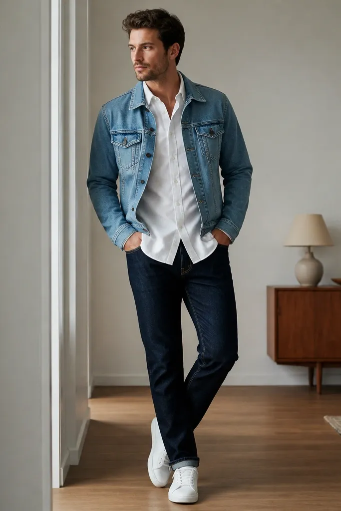 Man in a white long-sleeve shirt left untucked with a light blue denim jacket; dark indigo jeans; white sneakers; jacket is unbuttoned; lighting is soft indoor.