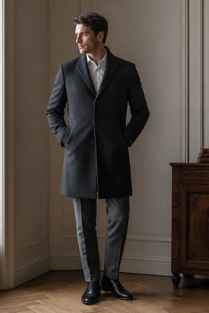 Man wearing a white long-sleeve shirt tucked into grey wool trousers; charcoal overcoat; dark oxford shoes; minimal accessories; coat buttons closed; indoor winter lighting.