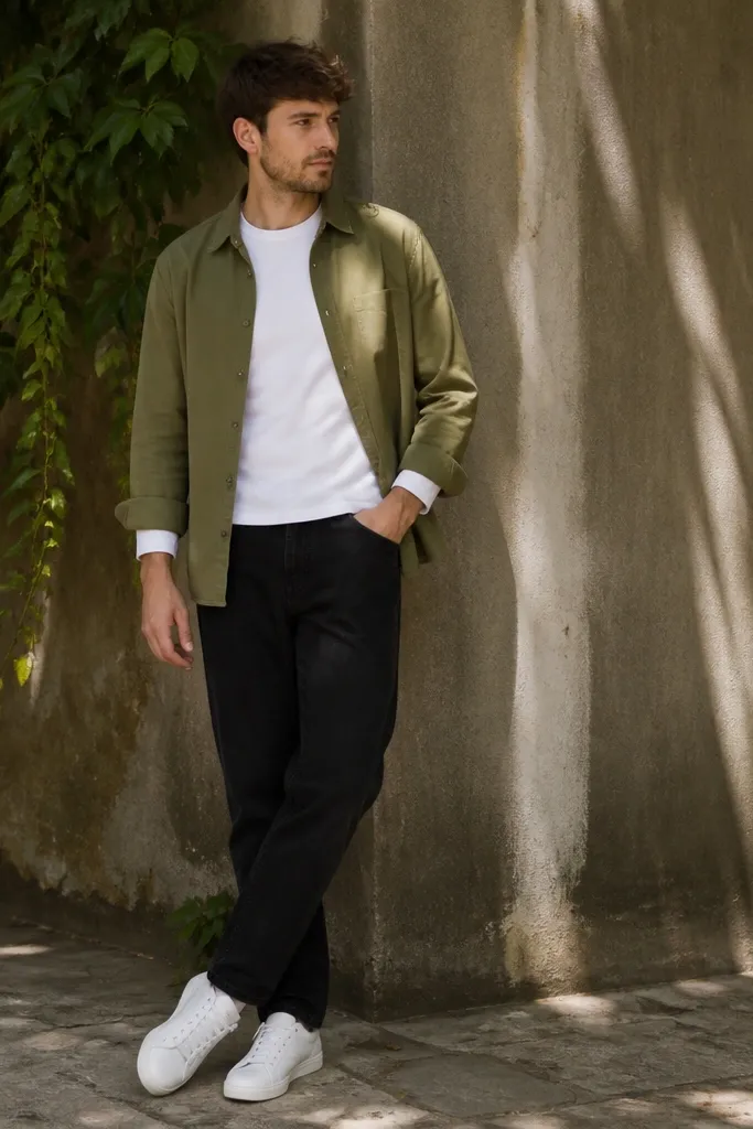 Man in a white long-sleeve shirt with an olive green overshirt unbuttoned; black straight-leg jeans; white sneakers; sleeves rolled once; outdoor shade photo.