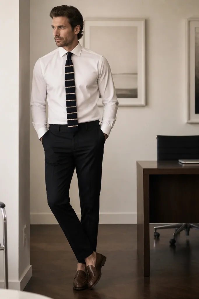 Man in a white long-sleeve shirt with a knit tie featuring thin horizontal stripes; black chinos; brown loafers; tie knot is neat, top button closed; indoor office setting.