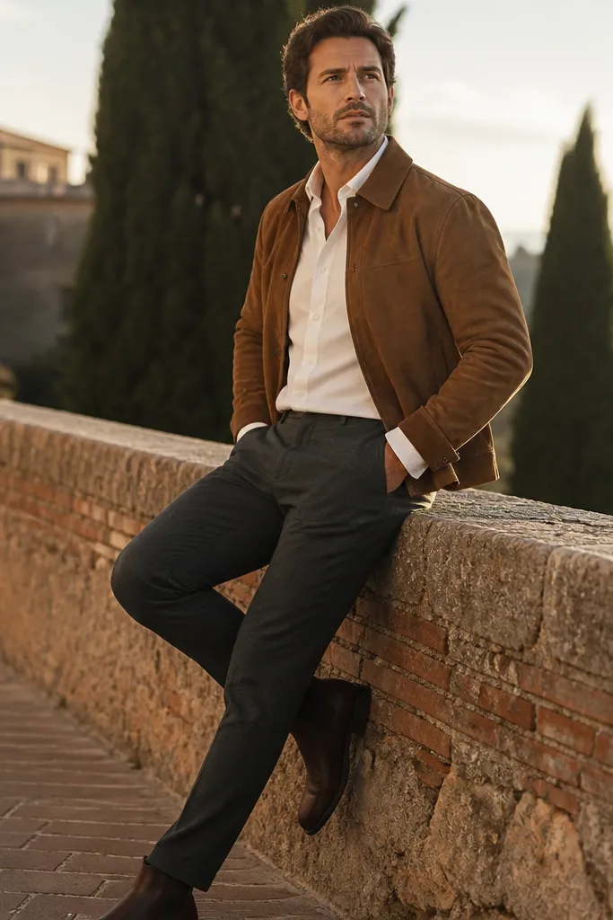 Man wearing a tan-brown suede jacket over a white long-sleeve shirt; dark charcoal trousers; leather boots; jacket collar visible; warm late-afternoon light.