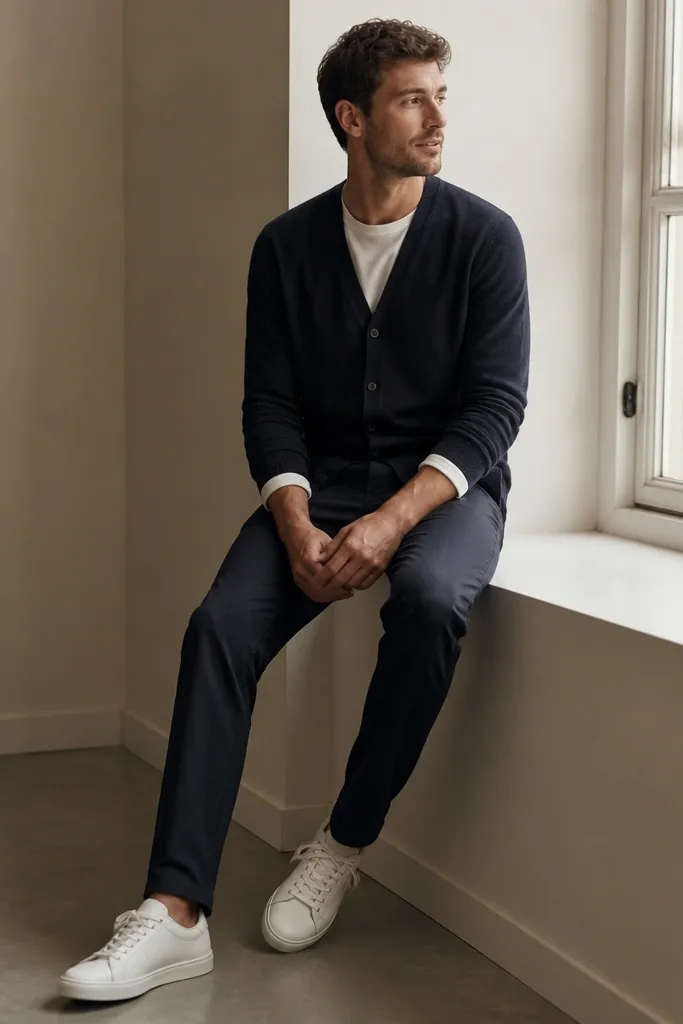 Man layered in a navy cardigan over a white long-sleeve shirt; navy jeans; white sneakers; sleeves peeking out at the wrists; indoor natural light.