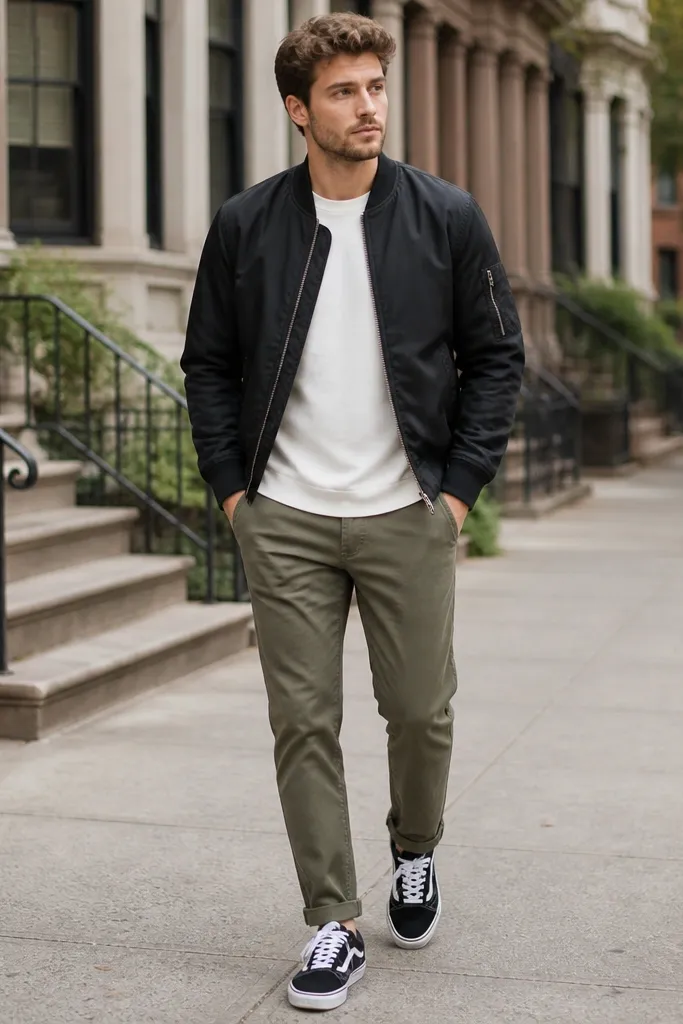 Man in a black bomber jacket over a white long-sleeve shirt; olive chinos; black-and-white sneakers; bomber zipper half open; casual street background.