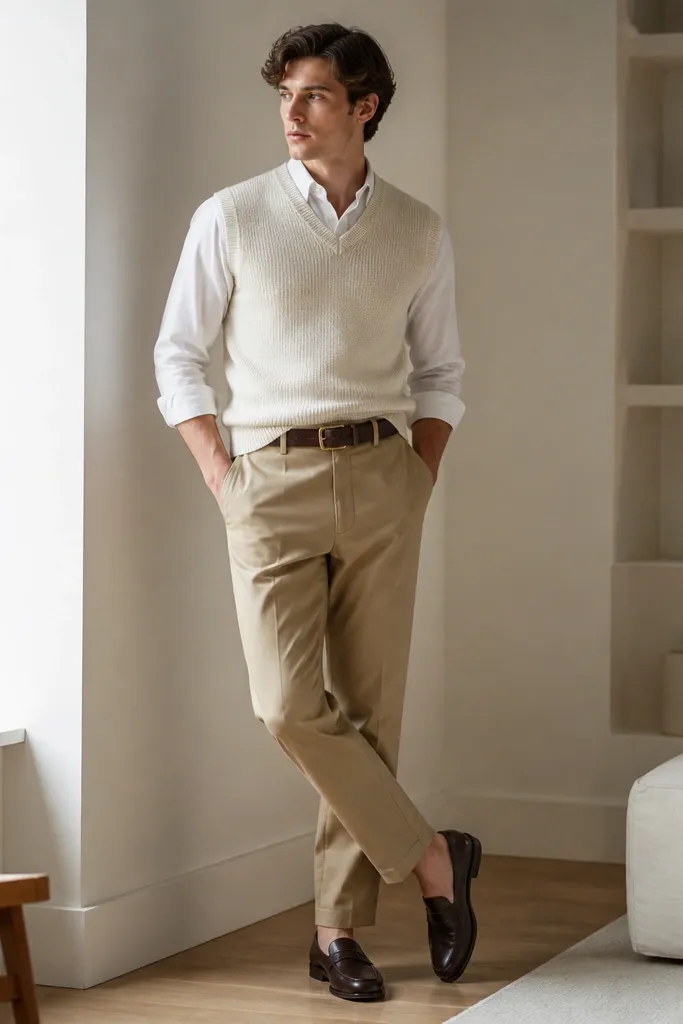 Man wearing a cream sweater vest over a white long-sleeve shirt; khaki trousers; belt with a simple buckle; loafers; indoor daylight.