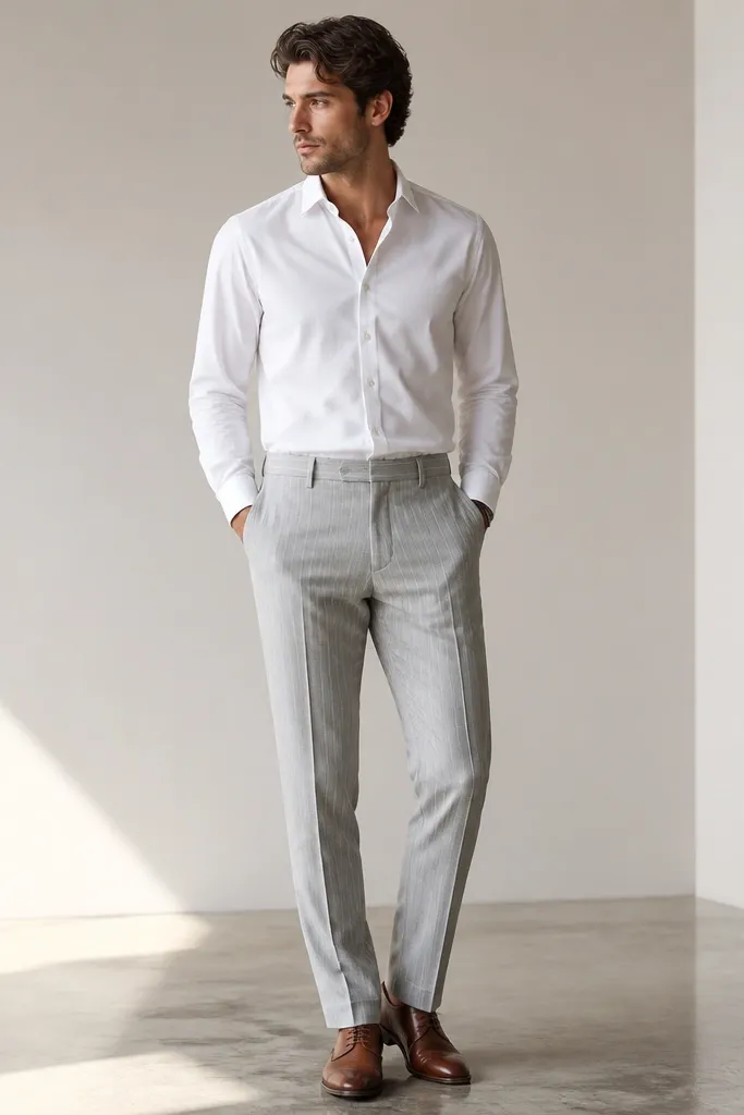 Man wearing a white long-sleeve shirt tucked into light grey striped trousers; brown leather shoes; minimal accessories; stripes are subtle and vertical; studio photo.