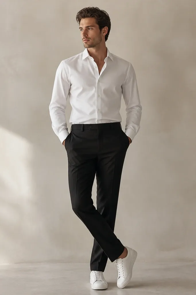 Man wearing a white long-sleeve shirt tucked into black suit trousers; no tie; white leather sneakers; sleeves down; jacket absent; clean minimal background.