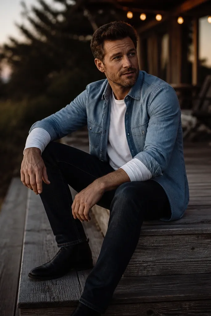Man in a chambray blue overshirt over a white long-sleeve shirt; dark wash jeans; black boots; overshirt sleeves rolled slightly; evening outdoor lighting.